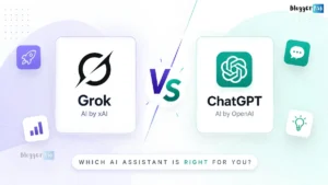 Grok vs ChatGPT feature image comparing AI assistants with modern split design, logos, and visual comparison for performance.