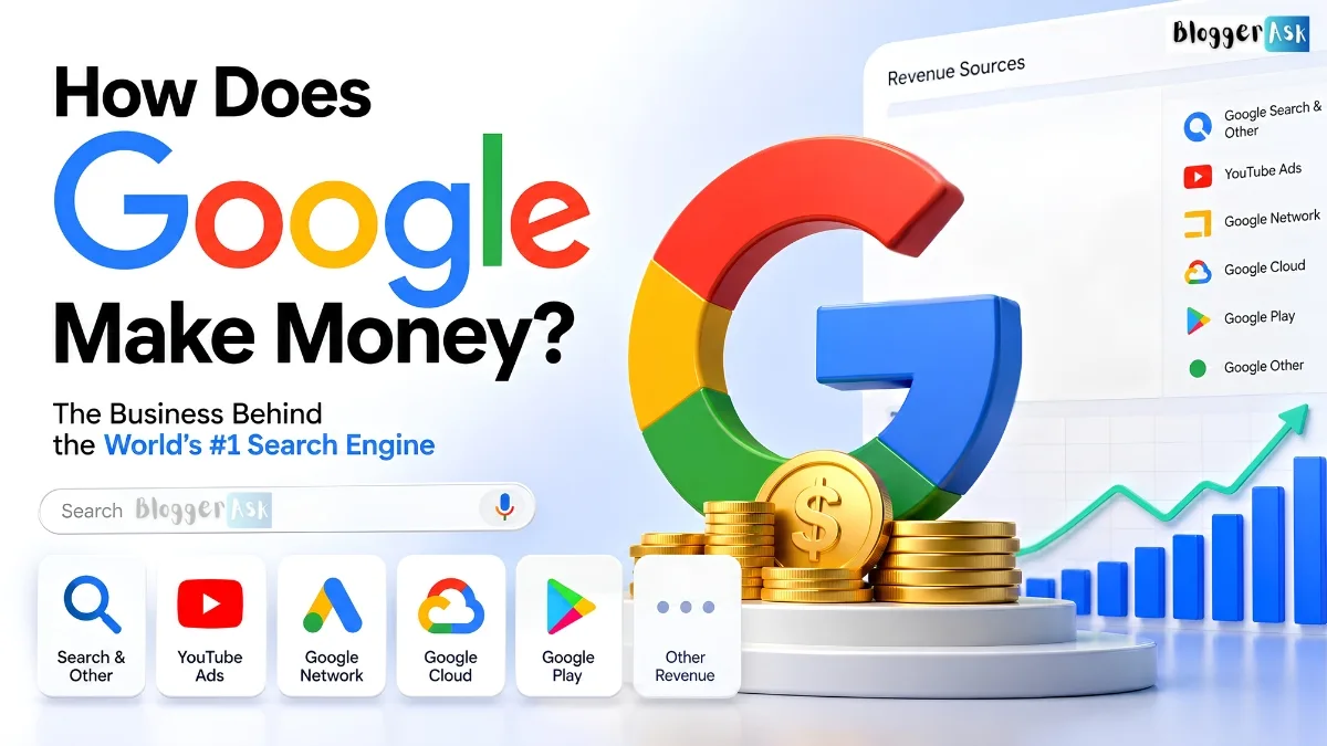 Illustration showing how Google make money through Search ads, YouTube, Google Cloud, subscriptions, and other revenue sources.