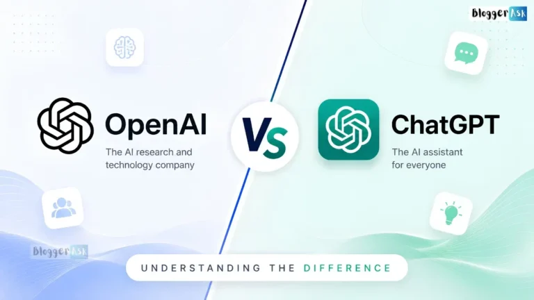 OpenAI vs ChatGPT feature image comparing the AI company and chatbot with modern split design, logos, and branding theme.