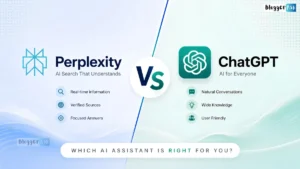 Perplexity vs ChatGPT feature image comparing AI assistants with modern split design, logos, and search capabilities theme.