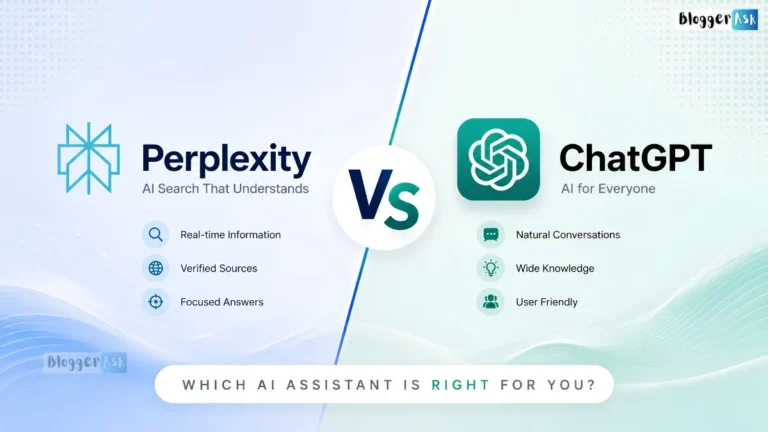 Perplexity vs ChatGPT feature image comparing AI assistants with modern split design, logos, and search capabilities theme.