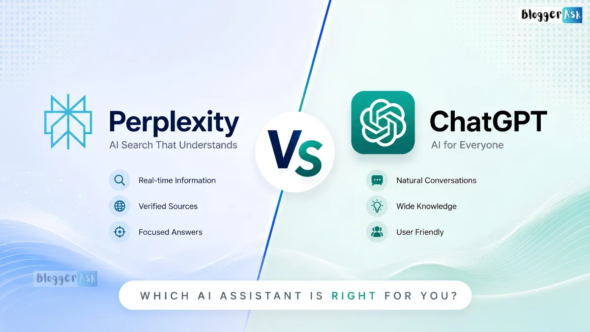 Perplexity vs ChatGPT feature image comparing AI assistants with modern split design, logos, and search capabilities theme.