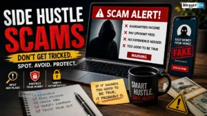 Laptop displaying a side hustle scams alert with warning icons, fake job offer, cash, and security symbols highlighting fraud risks.