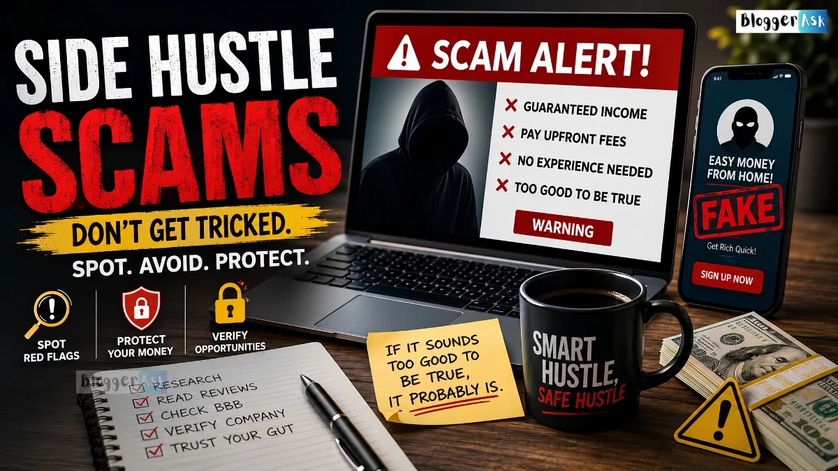 Laptop displaying a side hustle scams alert with warning icons, fake job offer, cash, and security symbols highlighting fraud risks.