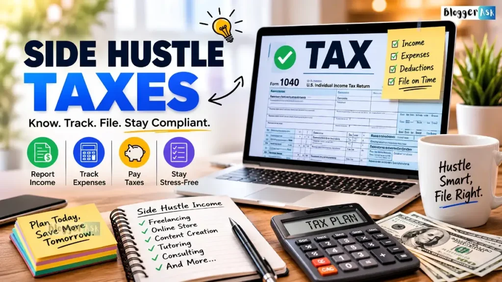 Side hustle taxes concept with laptop, tax forms, calculator, income checklist, expense tracking, and financial planning workspace.