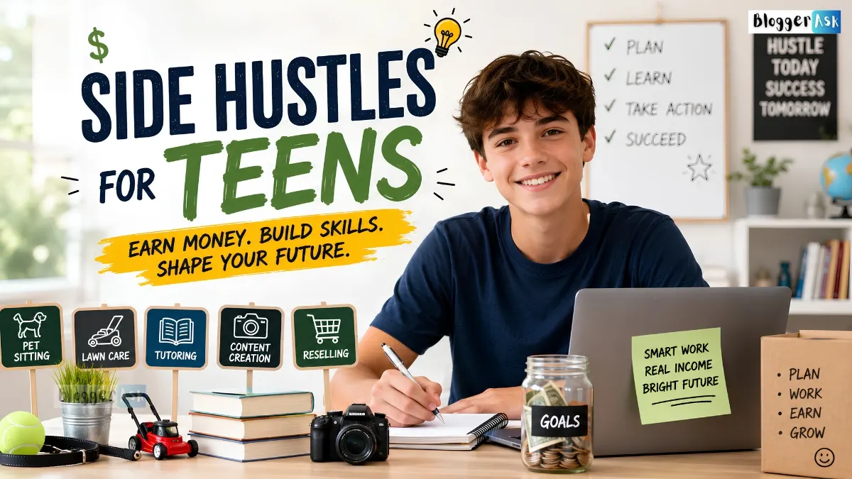 Smiling teen working on a laptop with icons for babysitting, tutoring, lawn care, and online jobs, representing legal side hustles for teens.