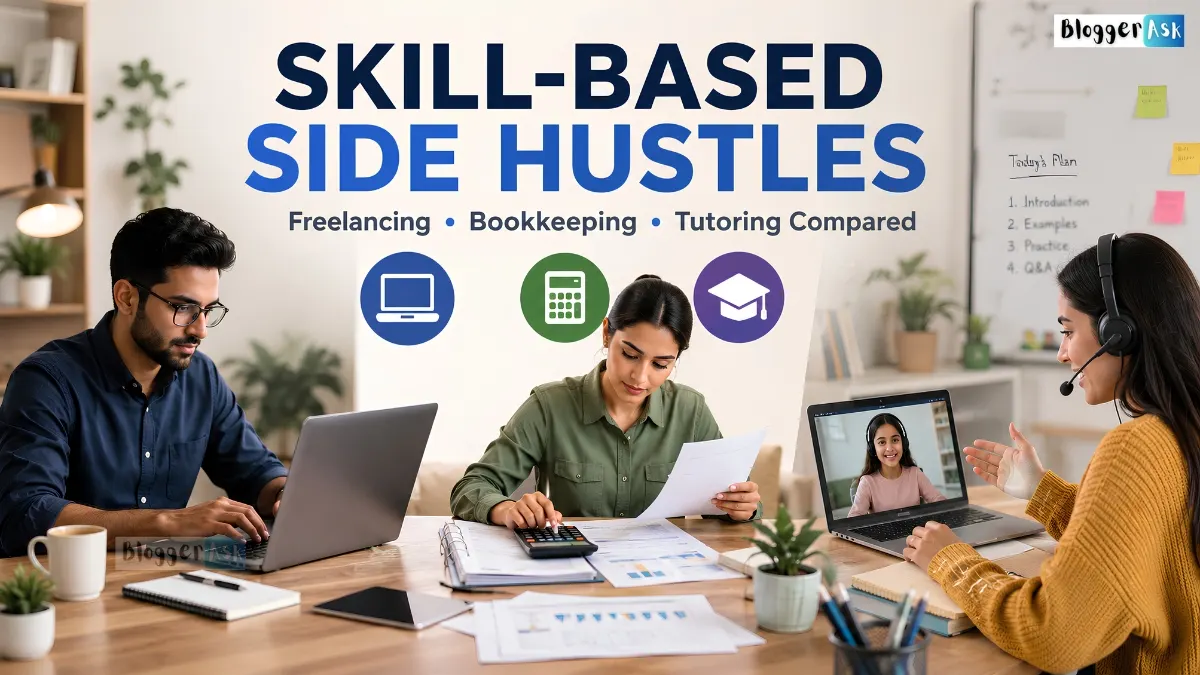 Skill-Based Side Hustles feature image comparing freelancing, bookkeeping, and online tutoring in a modern workspace.