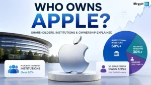 Who Owns Apple feature image showing the Apple logo, shareholder ownership breakdown, institutional investors, and Apple Park headquarters.