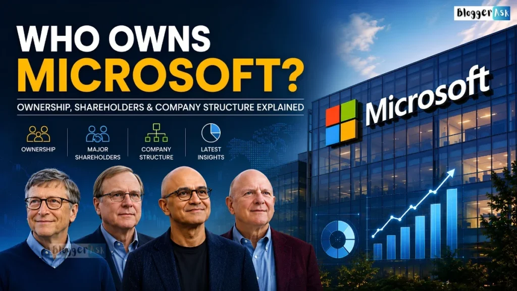 Who Owns Microsoft? Feature image showing Microsoft headquarters, Bill Gates, Paul Allen, Satya Nadella, and the Microsoft logo.