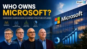 Who Owns Microsoft? Feature image showing Microsoft headquarters, Bill Gates, Paul Allen, Satya Nadella, and the Microsoft logo.