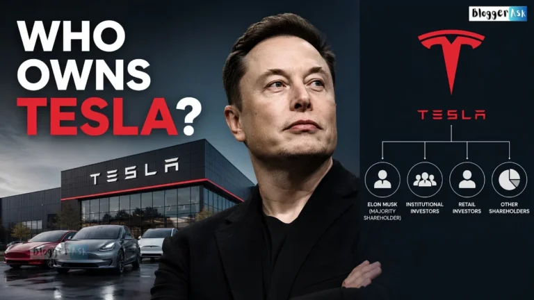 Who Owns Tesla? Feature image showing Elon Musk, Tesla vehicles, and a shareholder ownership graphic explaining Tesla ownership.