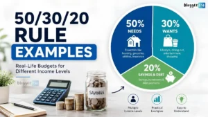 50/30/20 rule examples showing how income is divided into 50% needs, 30% wants, and 20% savings and debt payments.