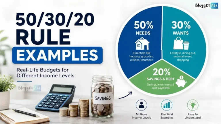 50/30/20 rule examples showing how income is divided into 50% needs, 30% wants, and 20% savings and debt payments.