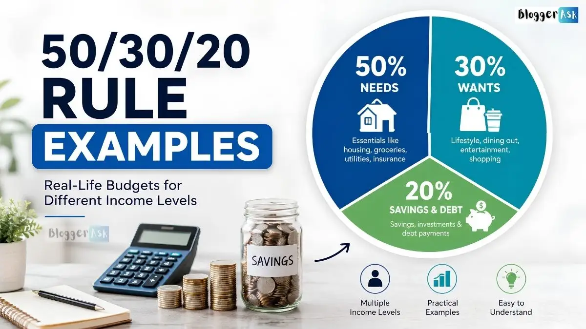 50/30/20 rule examples showing how income is divided into 50% needs, 30% wants, and 20% savings and debt payments.