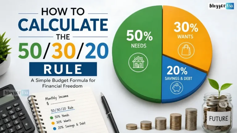 How to calculate the 50/30/20 rule with a budget chart showing 50% needs, 30% wants, and 20% savings and debt.