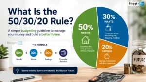 Infographic explaining the 50/30/20 budgeting rule, showing 50% for needs, 30% for wants, and 20% for savings.