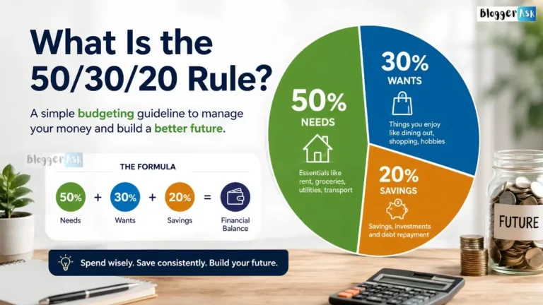 Infographic explaining the 50/30/20 budgeting rule, showing 50% for needs, 30% for wants, and 20% for savings.