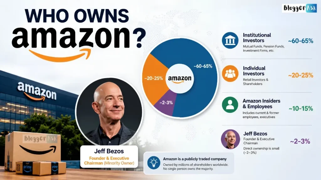 Who Owns Amazon? infographic showing Jeff Bezos, the Amazon logo, a company warehouse, and a pie chart explaining Amazon ownership among institutional investors, individual shareholders, insiders, and Bezos, highlighting that Amazon is a publicly traded company.