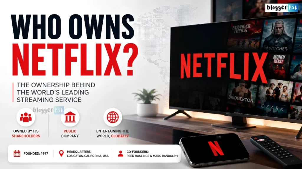 Who owns Netflix feature image showing Netflix on a smart TV and smartphone, with text explaining that Netflix is a publicly traded company owned by its shareholders, plus details about its founding, headquarters, and co-founders.