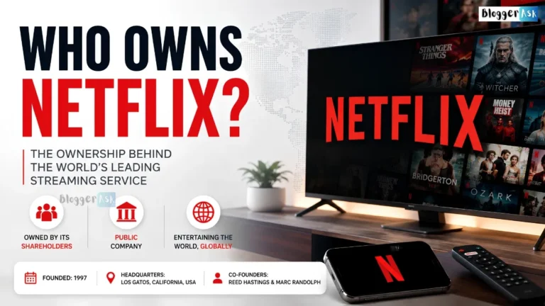 Who owns Netflix feature image showing Netflix on a smart TV and smartphone, with text explaining that Netflix is a publicly traded company owned by its shareholders, plus details about its founding, headquarters, and co-founders.