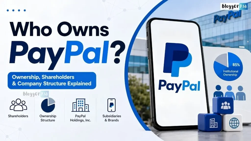 Who Owns PayPal? — infographic showing PayPal ownership, shareholders, institutional ownership, and company structure.