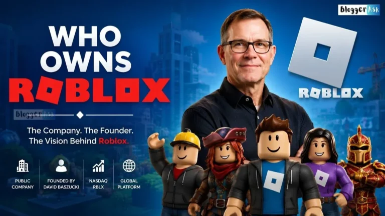 Who Owns Roblox? Feature image showing Roblox founder David Baszucki, the Roblox logo, and popular Roblox-style avatars representing the public gaming company.