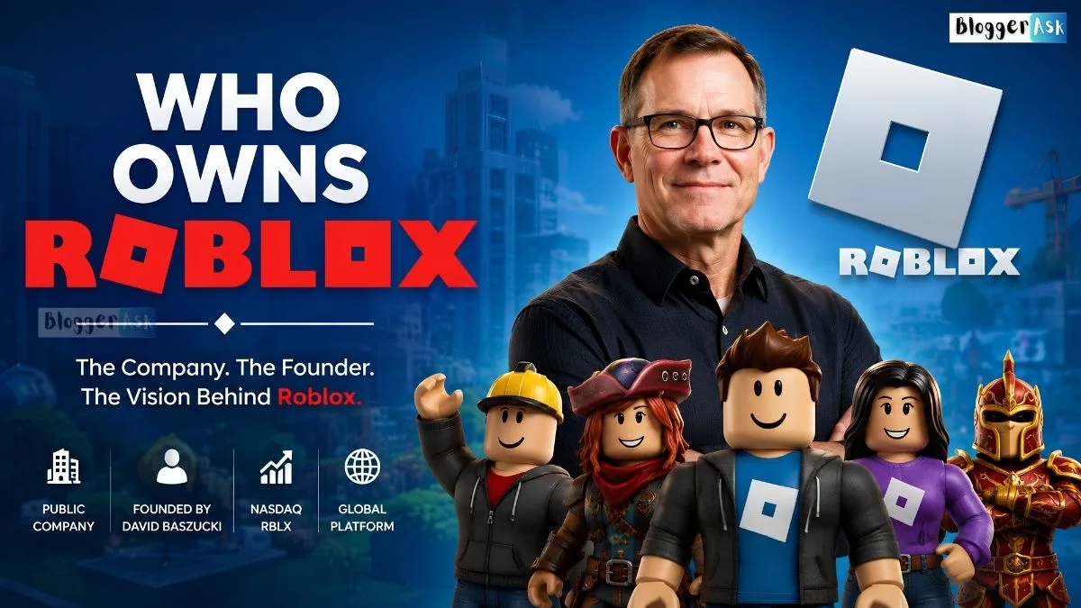 Who Owns Roblox? Feature image showing Roblox founder David Baszucki, the Roblox logo, and popular Roblox-style avatars representing the public gaming company.