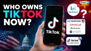 Who Owns TikTok Now? feature image showing a smartphone displaying the TikTok logo, connected to ByteDance and U.S. investors through a visual ownership diagram, with U.S. Capitol, American and Chinese flags, and a world map in the background, illustrating TikTok's ownership structure in 2026.