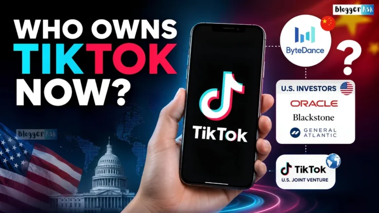 Who Owns TikTok Now? feature image showing a smartphone displaying the TikTok logo, connected to ByteDance and U.S. investors through a visual ownership diagram, with U.S. Capitol, American and Chinese flags, and a world map in the background, illustrating TikTok's ownership structure in 2026.