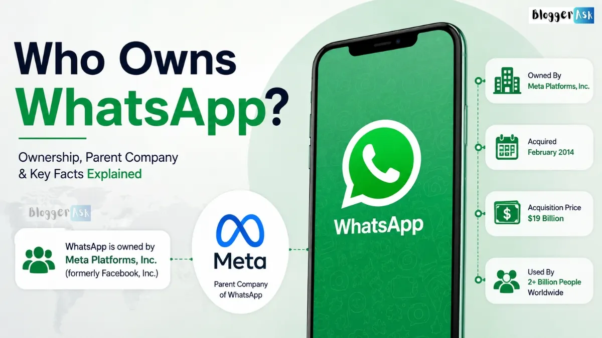 Who Owns WhatsApp? Feature image showing the WhatsApp logo on a smartphone alongside the Meta logo, illustrating that WhatsApp is owned by Meta Platforms, with key ownership facts including the 2014 acquisition and parent company relationship.