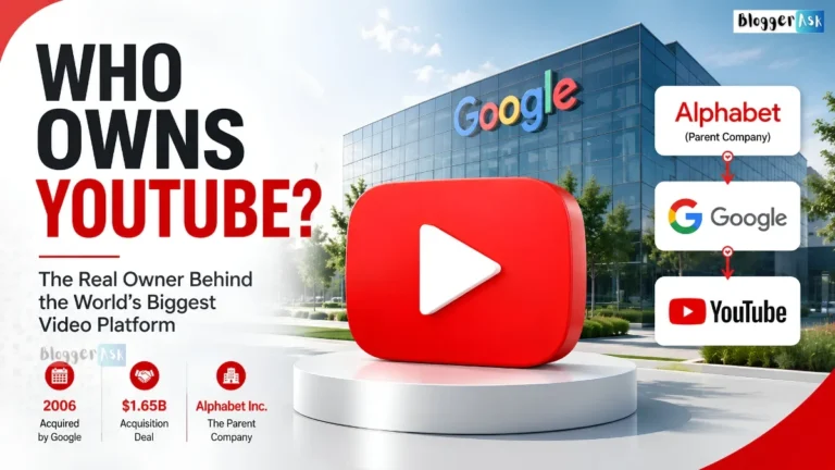 Who Owns YouTube? Article feature image showing a large 3D YouTube play button in the foreground with a modern Google office building in the background. The left side displays the headline "Who Owns YouTube?" and the subtitle "The Real Owner Behind the World's Biggest Video Platform." On the right, a simple ownership flow diagram illustrates Alphabet → Google → YouTube, while the bottom highlights key facts: YouTube was acquired by Google in 2006 for $1.65 billion, and Alphabet Inc. is the parent company. Clean corporate design in red, white, blue, and gray, suitable for a business and technology article about YouTube ownership.