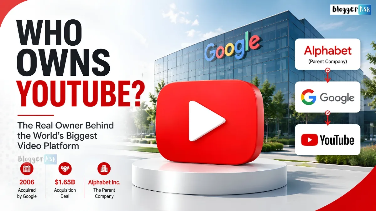 Who Owns YouTube? Article feature image showing a large 3D YouTube play button in the foreground with a modern Google office building in the background. The left side displays the headline "Who Owns YouTube?" and the subtitle "The Real Owner Behind the World's Biggest Video Platform." On the right, a simple ownership flow diagram illustrates Alphabet → Google → YouTube, while the bottom highlights key facts: YouTube was acquired by Google in 2006 for $1.65 billion, and Alphabet Inc. is the parent company. Clean corporate design in red, white, blue, and gray, suitable for a business and technology article about YouTube ownership.