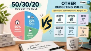 50/30/20 vs 70/20/10 budgeting rules compared in a financial infographic, showing how each method divides income between needs, wants, savings, and other expenses.