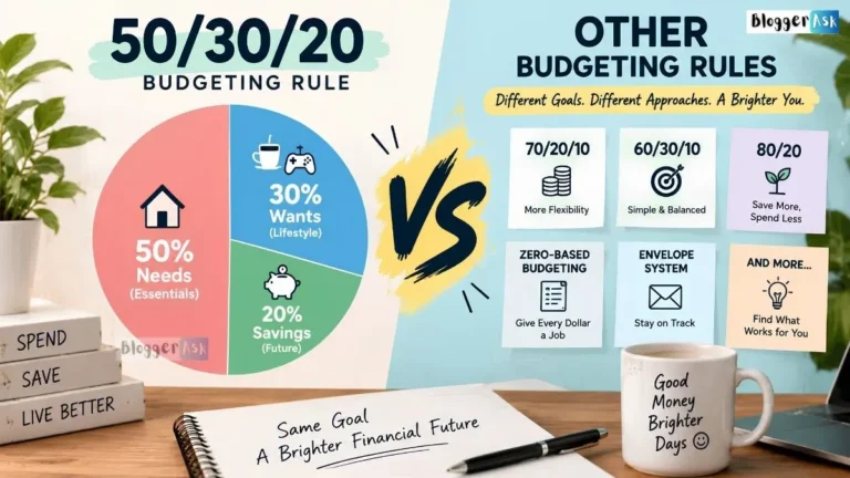 50/30/20 vs 70/20/10 budgeting rules compared in a financial infographic, showing how each method divides income between needs, wants, savings, and other expenses.