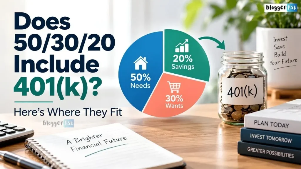 Does 50/30/20 include 401(k) contributions? Budget chart showing a 401(k) as part of the 20% savings category.