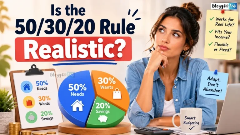 Is the 50/30/20 rule realistic? Personal finance illustration showing the 50% needs, 30% wants, and 20% savings budget breakdown.