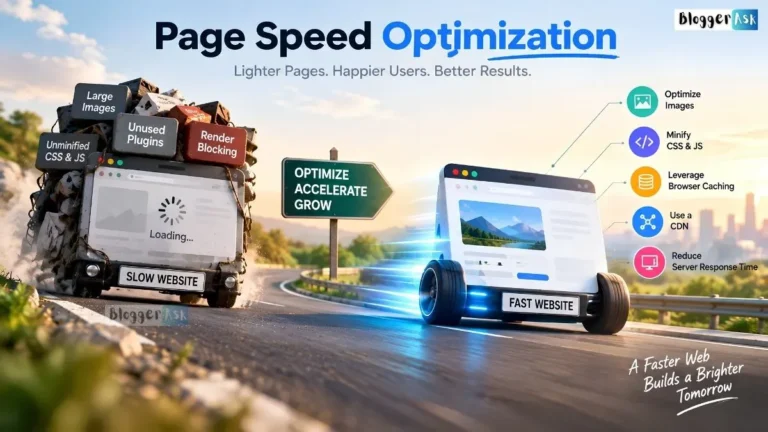 Page speed optimization concept showing a slow, cluttered website transforming into a fast website, with key techniques including image optimization, CSS and JavaScript minification, browser caching, CDN use, and reduced server response time.