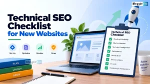 Technical SEO checklist for new websites featuring a laptop, SEO checklist clipboard, and icons for setup, optimization, monitoring, and growth.
