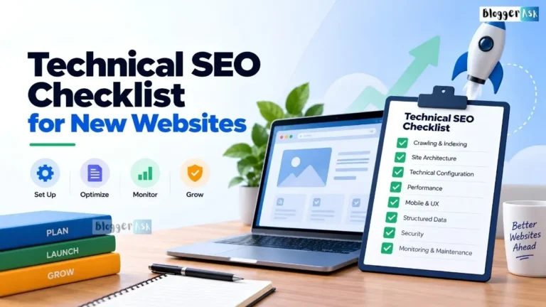 Technical SEO checklist for new websites featuring a laptop, SEO checklist clipboard, and icons for setup, optimization, monitoring, and growth.