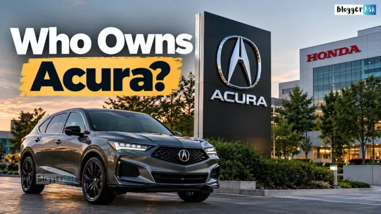 A realistic Acura SUV parked outside an Acura dealership, with Acura and Honda signs visible in the background and the headline “Who Owns Acura?” overlaid in bold white and gold text.