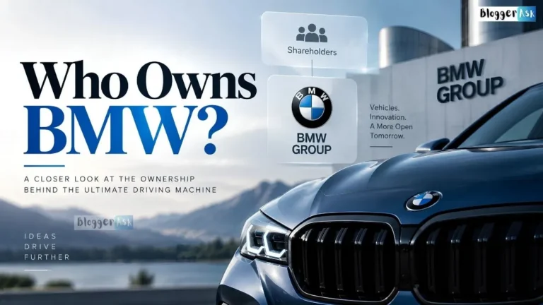 Dark-blue BMW shown beside a BMW Group building, with “Who Owns BMW?” headline and a graphic linking shareholders to BMW Group.