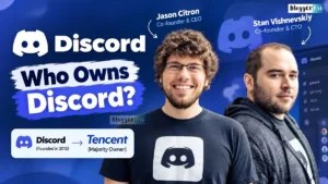 Who Owns Discord? featuring Discord co-founders Jason Citron and Stan Vishnevskiy, with Discord and Tencent ownership graphics.