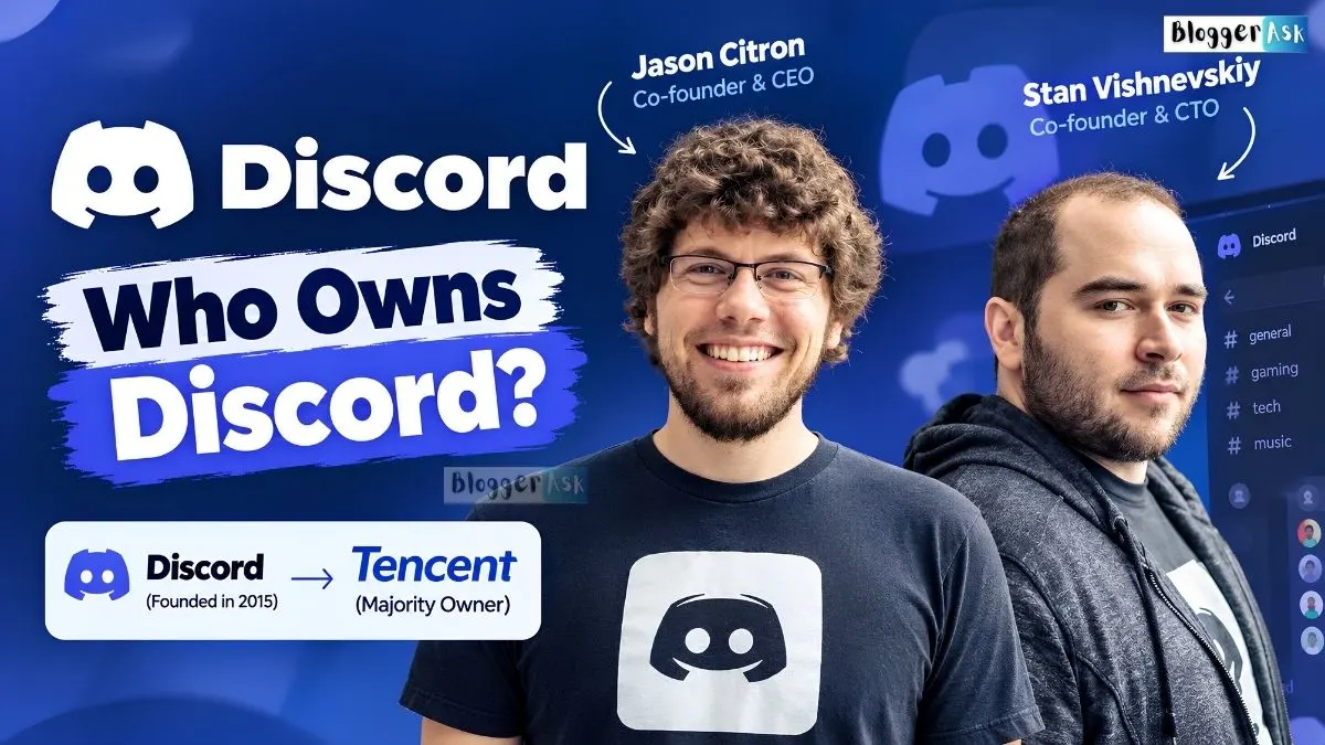 Who Owns Discord? featuring Discord co-founders Jason Citron and Stan Vishnevskiy, with Discord and Tencent ownership graphics.