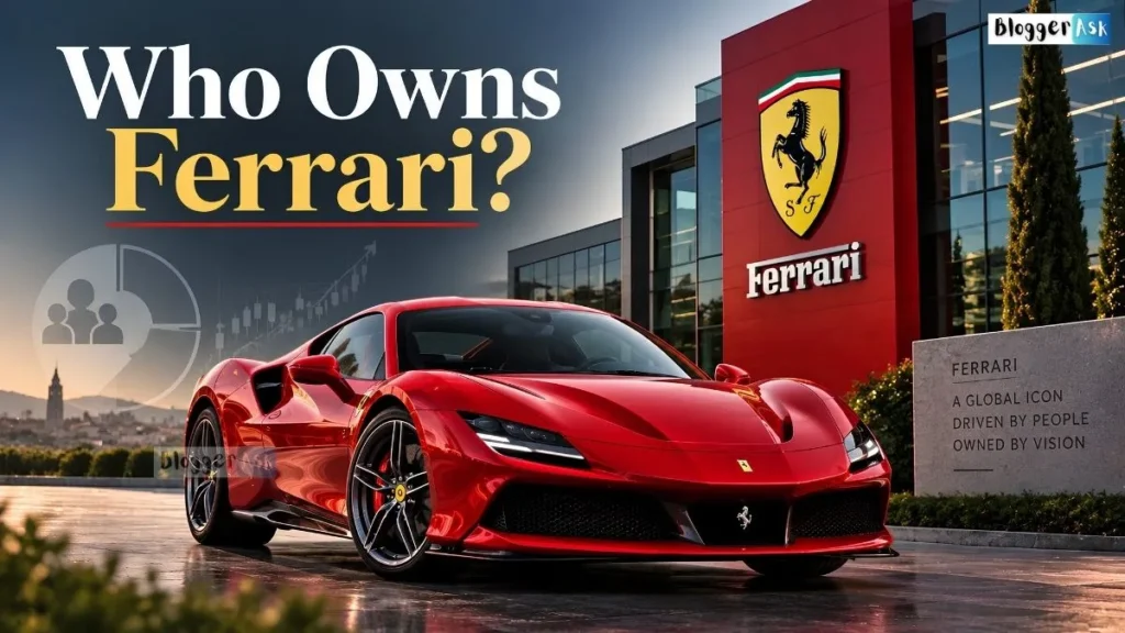 Red Ferrari sports car parked outside a Ferrari corporate building, with ownership and stock-market imagery in the background and the headline ‘Who Owns Ferrari?