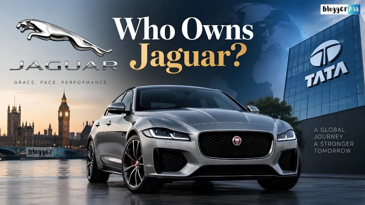 A silver Jaguar car in front of London’s Big Ben and a Tata building, with the headline “Who Owns Jaguar?” and a globe in the background.