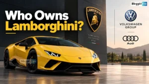 Yellow Lamborghini sports car outside the Lamborghini headquarters, with the headline “Who Owns Lamborghini?” and Volkswagen Group and Audi logos shown to indicate its corporate ownership.