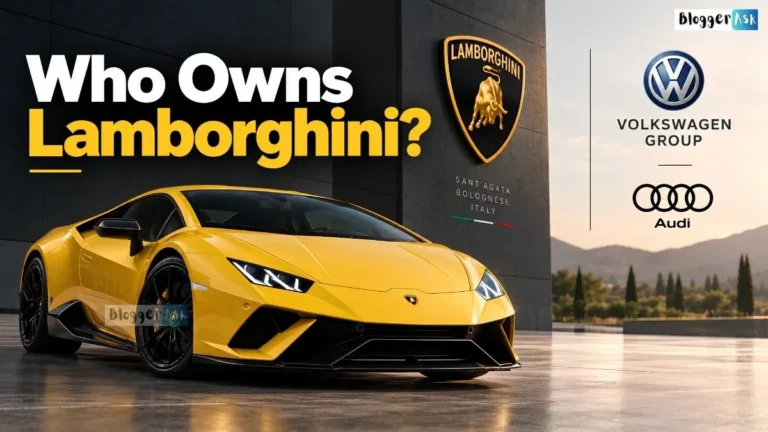 Yellow Lamborghini sports car outside the Lamborghini headquarters, with the headline “Who Owns Lamborghini?” and Volkswagen Group and Audi logos shown to indicate its corporate ownership.
