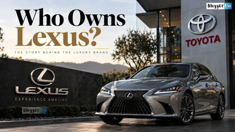 A silver Lexus sedan parked outside a modern Toyota building, with the headline “Who Owns Lexus?” and Lexus branding prominently displayed.