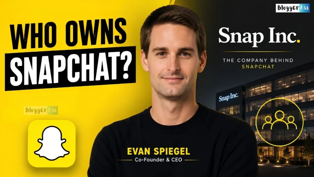 Snapchat ownership feature image showing Evan Spiegel, Snapchat logo, Snap Inc. headquarters, and the text “Who Owns Snapchat?” representing the company behind Snapchat and its ownership structure.