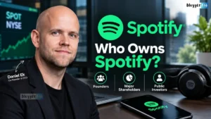 Daniel Ek, Spotify co-founder and CEO, alongside the Spotify logo and a graphic explaining who owns Spotify, including founders, major shareholders, and public investors.